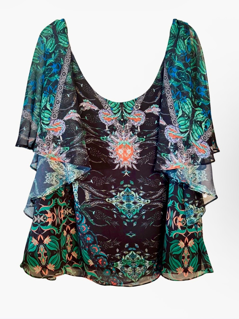 City Chic Dark Floral Chiffon Flutter Sleeve Embellished Blouse 1X - Picture 2 of 8
